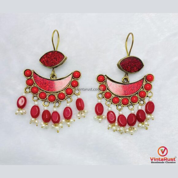 Long Dangle Red Earrings: Boho Festival Earrings Gift - Picture 3 of 5